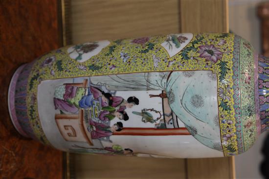 A large Chinese famille rose cylindrical vase, 58.5cm, wood stand